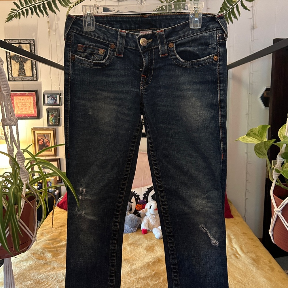 True Religion Blue Straight Leg Jeans with Signature Stitching
